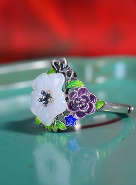 S925银镀18K金镶和田玉白玉花朵女宫廷复古戒指戒圈汉服配饰指环