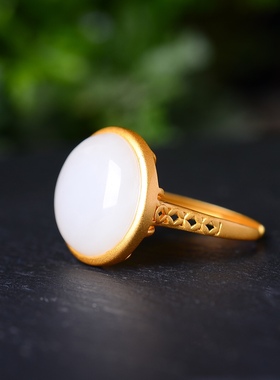 S925银镀18K金镶和田玉白玉蛋面女宫廷复古戒指戒圈汉服配饰指环