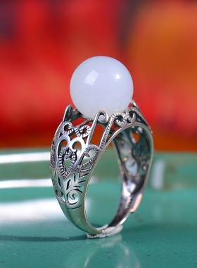 S925银镀18K金镶和田玉白玉10厘珠宫廷复古戒指戒圈汉服配饰指环