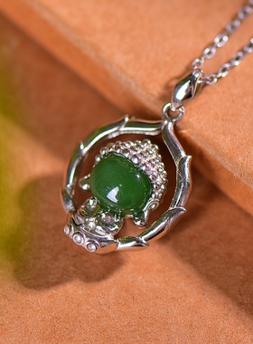 S925银镀18K金镶和田玉碧玉宝宝佛宫廷复古吊坠汉服配饰玉坠项链