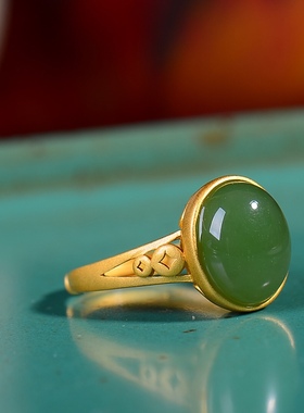 S925银镀18K金镶和田玉碧玉蛋面女宫廷复古戒指戒圈汉服配饰指环