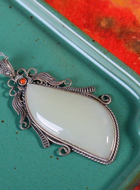 S925银镀18K金镶和田白玉柳叶珐琅宫廷复古吊坠汉服配饰玉坠项链