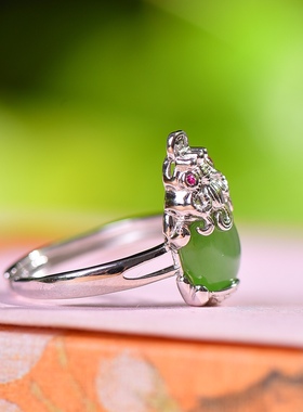 S925银镀18K金镶和田玉碧玉招财貔貅宫廷女戒指戒圈汉服配饰指环