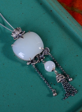 S925银镀18K金镶和田白玉苹果珐琅宫廷复古吊坠汉服配饰玉坠项链