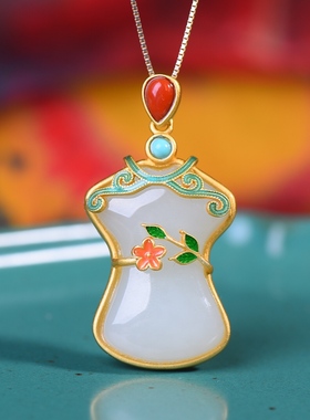 S925银镀18K金镶和田白玉旗袍珐琅宫廷复古吊坠汉服配饰玉坠项链
