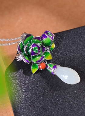 S925银镀18K金镶和田玉白玉玉兰花宫廷复古吊坠汉服配饰玉坠项链