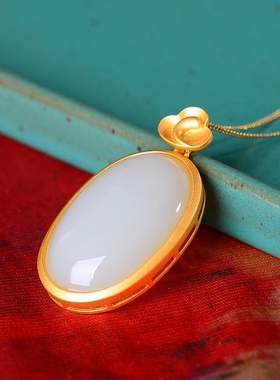 S925银镀18K金镶和田白玉蛋面珐琅宫廷复古吊坠汉服配饰玉坠项链