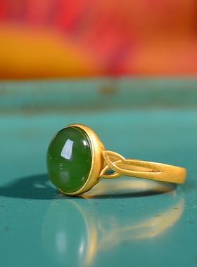 S925银镀18K金镶和田玉碧玉蛋面女宫廷复古戒指戒圈汉服配饰指环