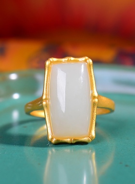 S925银镀18K金镶和田玉白玉鼓面女宫廷复古戒指戒圈汉服配饰指环