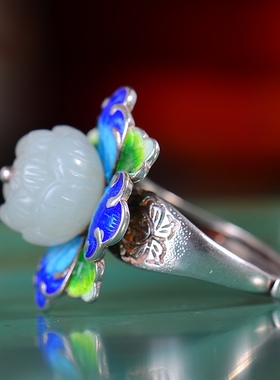 S925银镀18K金镶和田玉白玉莲花珠宫廷复古戒指戒圈汉服配饰指环