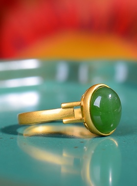 S925银镀18K金镶和田玉碧玉蛋面女宫廷复古戒指戒圈汉服配饰指环