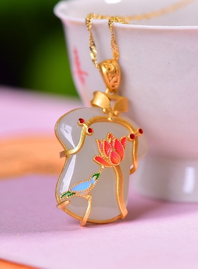 S925银镀18K金镶和田白玉旗袍珐琅宫廷复古吊坠汉服配饰玉坠项链