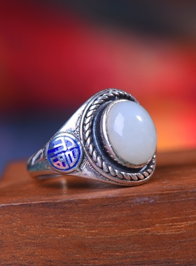 S925银镀18K金镶和田玉白玉蛋面女宫廷复古戒指戒圈汉服配饰指环