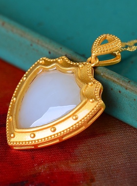 S925银镀18K金镶和田白玉盾牌珐琅宫廷复古吊坠汉服配饰玉坠项链