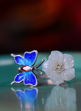 S925银镀18K金镶和田玉白玉紫荆花宫廷复古戒指戒圈汉服配饰指环