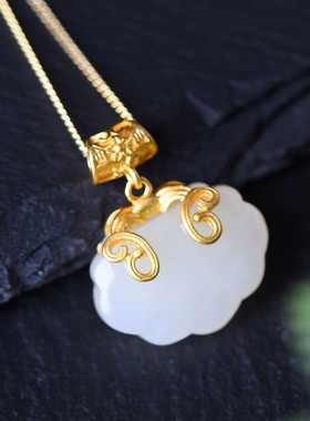 S925银镀18K金镶和田白玉金鱼珐琅宫廷复古吊坠汉服配饰玉坠项链