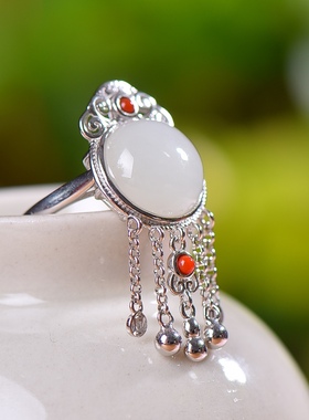 S925银镀18K金镶和田玉白玉鼓面女宫廷复古戒指戒圈汉服配饰指环