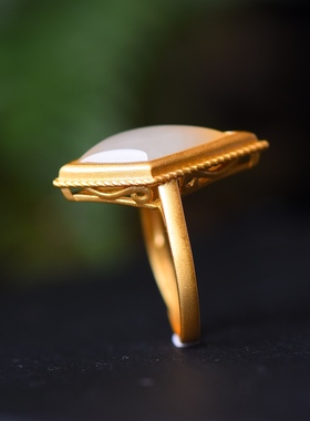 S925银镀18K金镶和田玉白玉菱形女宫廷复古戒指戒圈汉服配饰指环