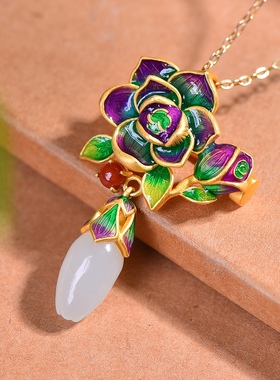 S925银镀18K金镶和田玉白玉玉兰花胸针复古吊坠汉服配饰玉坠项链