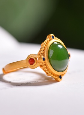 S925银镀18K金镶和田玉碧玉蛋面女宫廷复古戒指戒圈汉服配饰指环