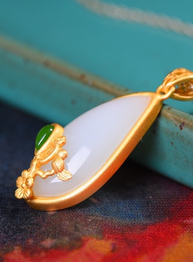 S925银镀18K金镶和田白玉柳叶珐琅宫廷复古吊坠汉服配饰玉坠项链