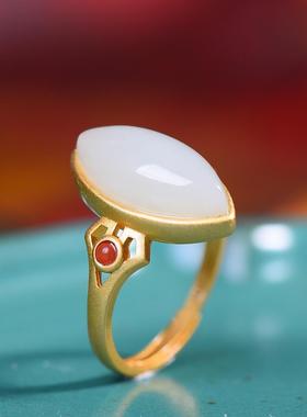 S925银镀18K金镶和田玉白玉马眼女宫廷复古戒指戒圈汉服配饰指环