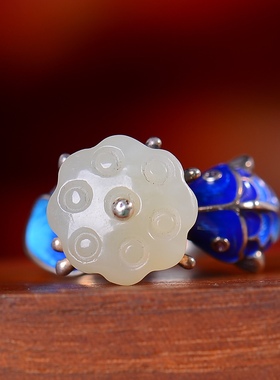 S925银镀18K金镶和田玉白玉莲蓬女宫廷复古戒指戒圈汉服配饰指环