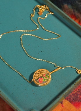 S925银镀18K金镶和田白玉团扇珐琅宫廷复古吊坠汉服配饰玉坠项链