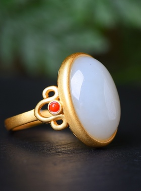 S925银镀18K金镶和田玉白玉蛋面女宫廷复古戒指戒圈汉服配饰指环