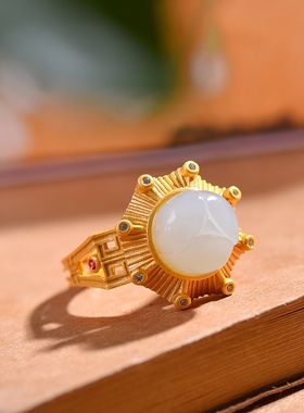 S925银镀18K金镶和田玉白玉莲蓬女宫廷复古戒指戒圈汉服配饰指环