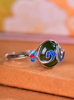 S925银镀18K金镶和田玉碧玉蛋面女宫廷复古戒指戒圈汉服配饰指环