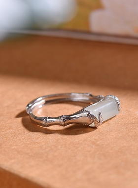 S925银镀18K金镶和田玉白玉竹节女宫廷复古戒指戒圈汉服配饰指环