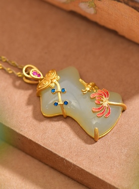 S925银镀18K金镶和田白玉旗袍珐琅宫廷复古吊坠汉服配饰玉坠项链