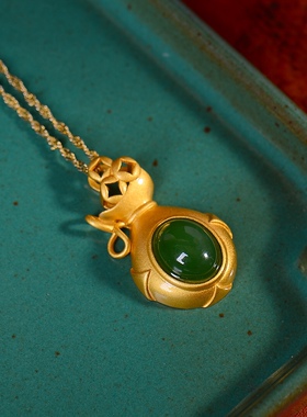 S925银镀18K金镶和田碧玉蛋面珐琅宫廷复古吊坠汉服配饰玉坠项链