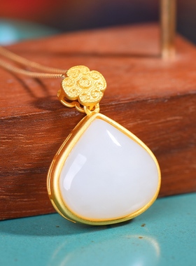 S925银镀18K金镶和田白玉异形珐琅宫廷复古吊坠汉服配饰玉坠项链