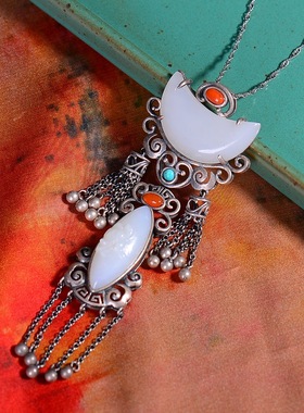 S925银镀18K金镶和田白玉月亮珐琅宫廷复古吊坠汉服配饰玉坠项链