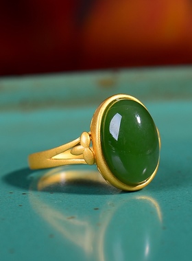 S925银镀18K金镶和田玉碧玉蛋面女宫廷复古戒指戒圈汉服配饰指环