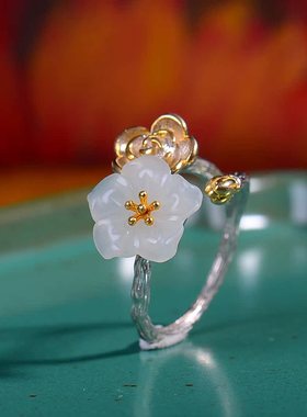 S925银镀18K金镶和田玉白玉紫荆花宫廷复古戒指戒圈汉服配饰指环