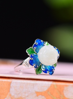 S925银镀18K金镶和田玉白玉莲蓬女宫廷复古戒指戒圈汉服配饰指环