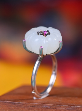 S925银镀18K金镶和田玉白玉荷花女宫廷复古戒指戒圈汉服配饰指环