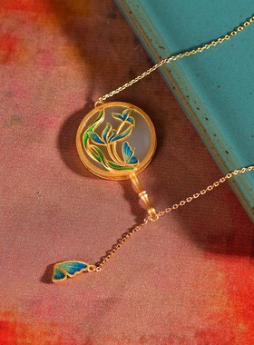 S925银镀18K金镶和田白玉圆形珐琅宫廷复古吊坠汉服配饰玉坠项链