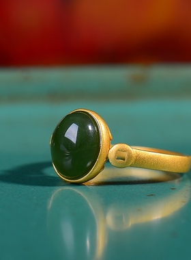 S925银镀18K金镶和田玉碧玉蛋面女宫廷复古戒指戒圈汉服配饰指环