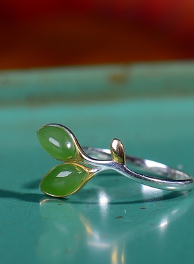 S925银镀18K金镶和田玉碧玉树叶女宫廷复古戒指戒圈汉服配饰指环