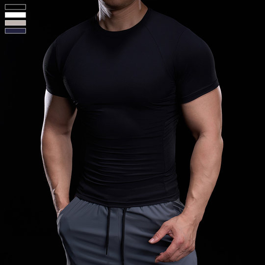 Overbearing muscle fitness training clothes for men, high elasticity, quick drying, breathable sports tights, short-sleeved T-shirt, running sports