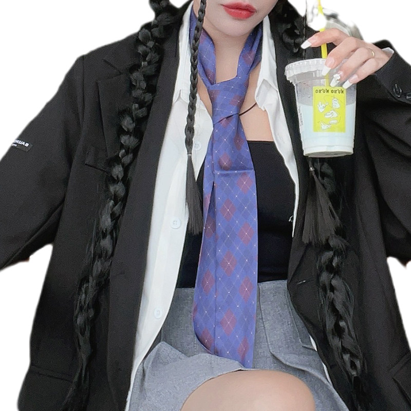 尤嘻岛美式学院风蓝色格子jk衬衫领带女丝巾复古搭配西服长领巾男,淘宝优惠券,粉丝福利购,淘宝优惠卷