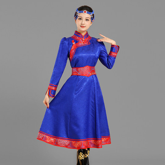 蒙古族服装女舞蹈演出服中长蒙古裙袍少数民族服饰大摆舞台表演服