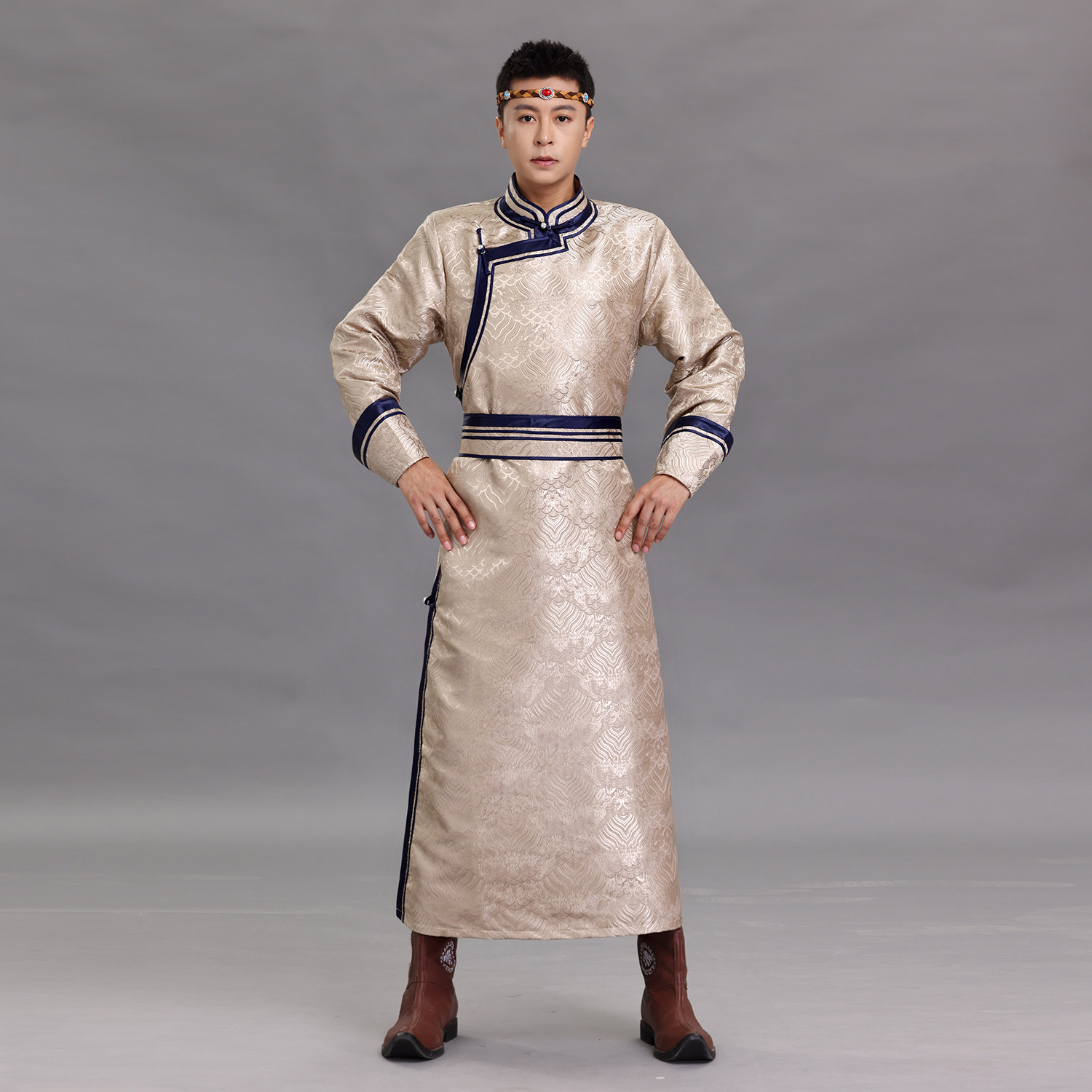 蒙古族男装舞台表演服传统男士蒙古袍长袍手工盘扣立领少数民族服,淘宝优惠券,粉丝福利购,淘宝优惠卷