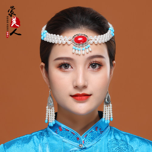 蒙古族舞蹈演出头饰耳环女士手工串珠珠民族舞蹈发饰蒙古服装配饰 - 图1