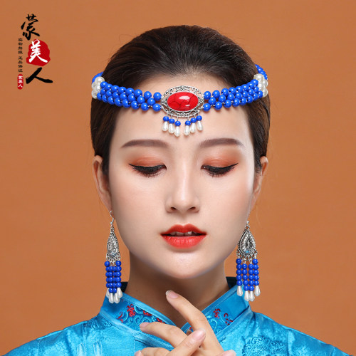 蒙古族舞蹈演出头饰耳环女士手工串珠珠民族舞蹈发饰蒙古服装配饰 - 图0