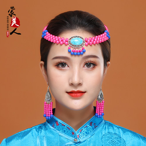 蒙古族舞蹈演出头饰耳环女士手工串珠珠民族舞蹈发饰蒙古服装配饰 - 图2